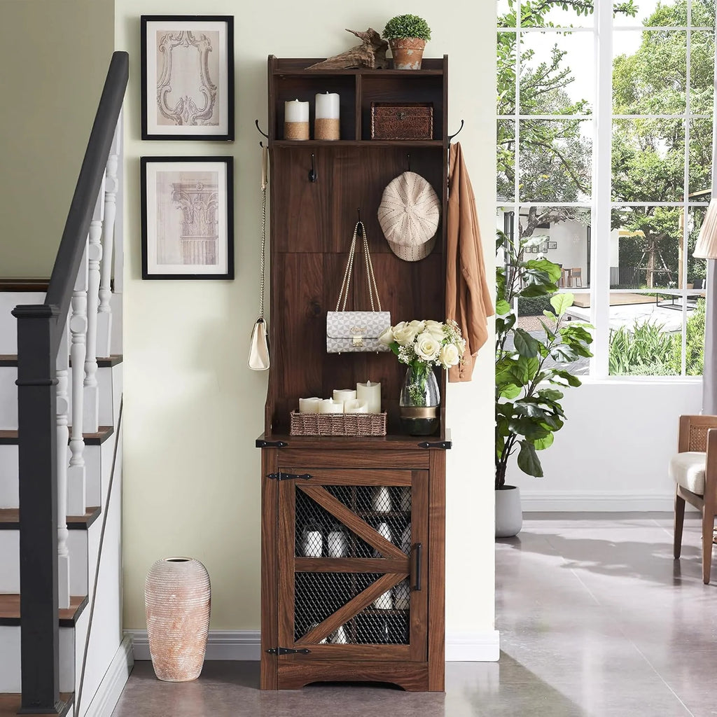 JXQTLINGMU 59" Farmhouse Hall Tree with Shoe Storage, Entryway Bench with 20 Cubbies, 12 Hooks & Sliding Barn Doors, Mudroom Coat Rack Cabinet, Off White