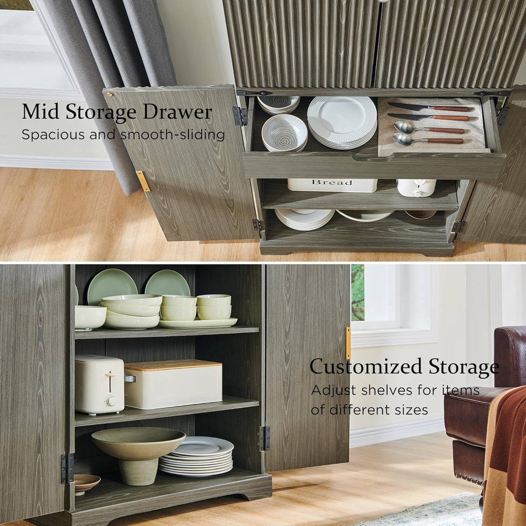 Fluted Pantry Cabinet 72" Tall Modern Storage Cabinet with 4 Doors Organizer Drawer